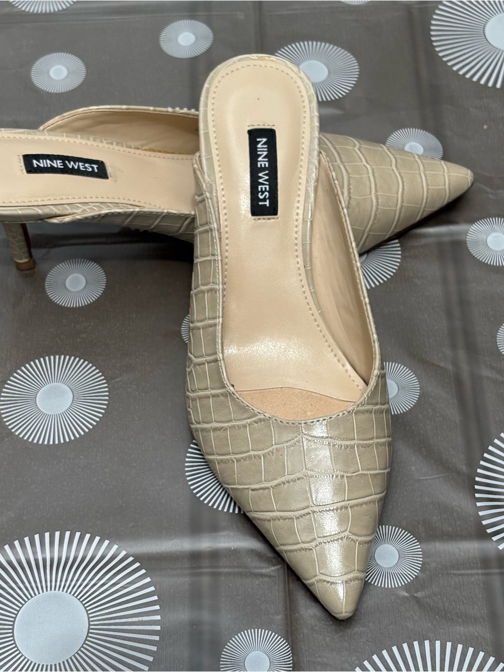 Nine West Taupe Croc-Embossed Angle Pointed Toe Slip-On Heeled Mules - Picture 6 of 16